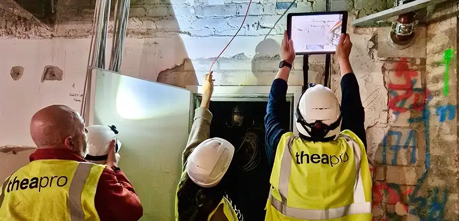 theapro-Team dokumentiert Leitungsführung mit der docu tools App auf einer Baustelle